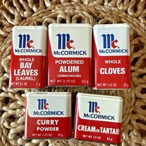 Vintage McCormick Spice Tins Lot of 5 – 1970's Alum, Cloves, Bay Leaves,‎ Curry
